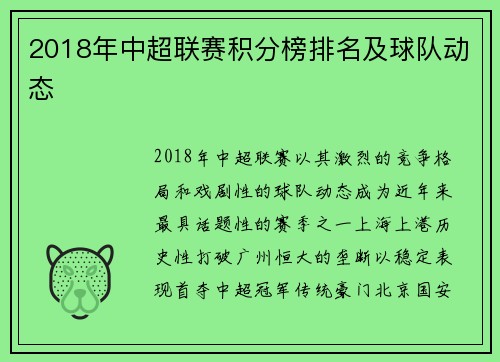 2018年中超联赛积分榜排名及球队动态